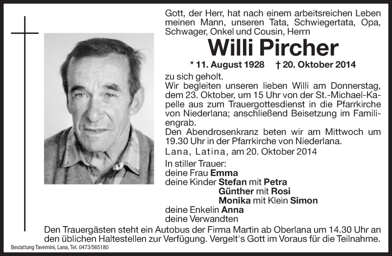  Traueranzeige für Willi Pircher vom 22.10.2014 aus Dolomiten