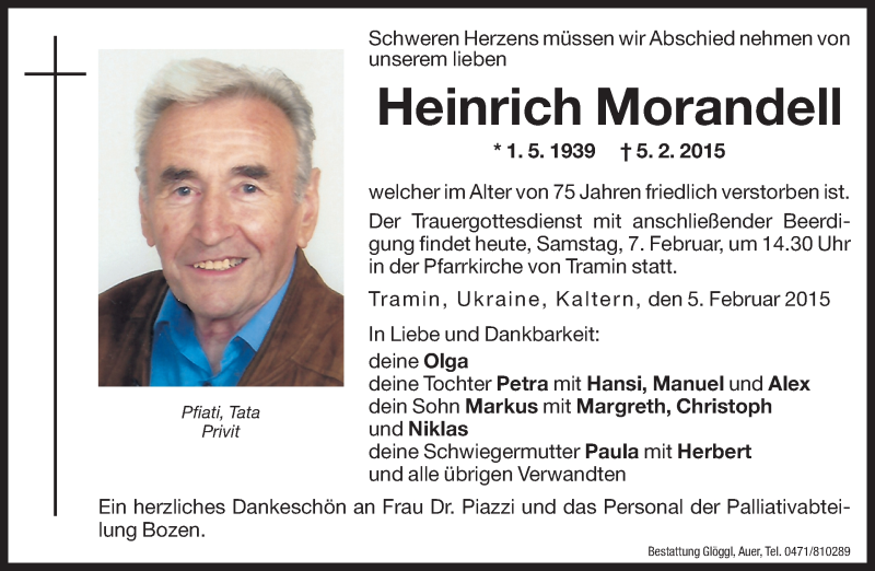 Traueranzeige für Heinrich Morandell vom 07.02.2015 aus Dolomiten