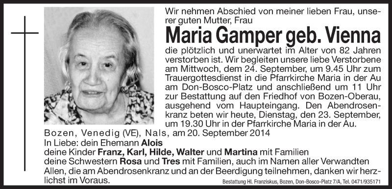  Traueranzeige für Maria Gamper vom 23.09.2014 aus Dolomiten