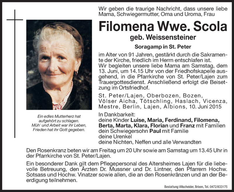  Traueranzeige für Filomena Scola vom 12.06.2015 aus Dolomiten