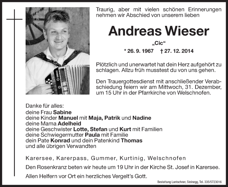 Traueranzeige für Andreas Wieser vom 30.12.2014 aus Dolomiten