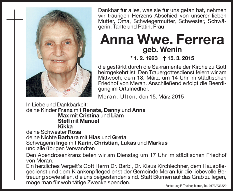  Traueranzeige für Anna Ferrera vom 16.03.2015 aus Dolomiten