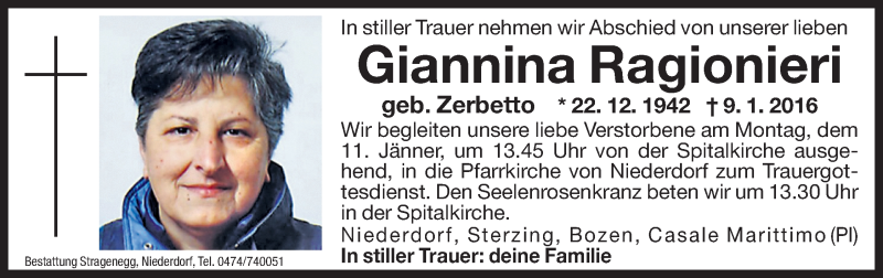  Traueranzeige für Giannina Ragionieri vom 11.01.2016 aus Dolomiten