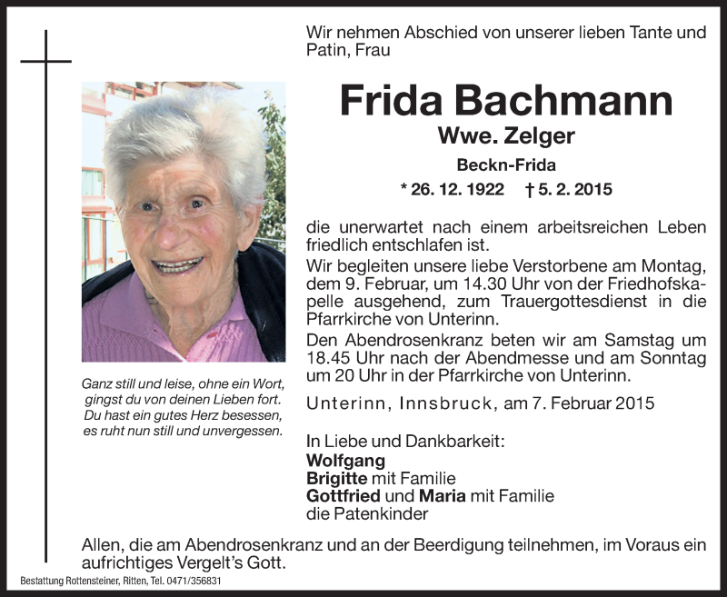  Traueranzeige für Frida Zelger vom 07.02.2015 aus Dolomiten