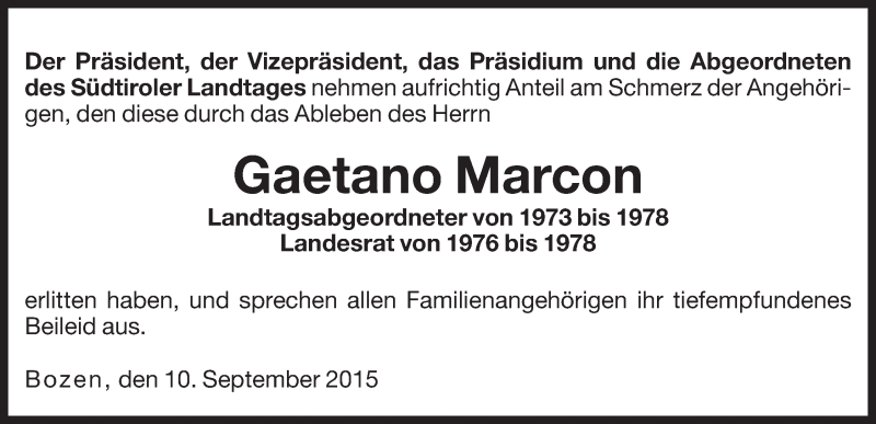  Traueranzeige für Gaetano Marcon vom 11.09.2015 aus Dolomiten
