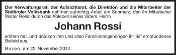 Traueranzeige von Johann Rossi von Dolomiten