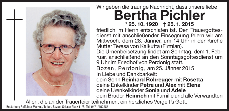  Traueranzeige für Bertha Pichler vom 27.01.2015 aus Dolomiten