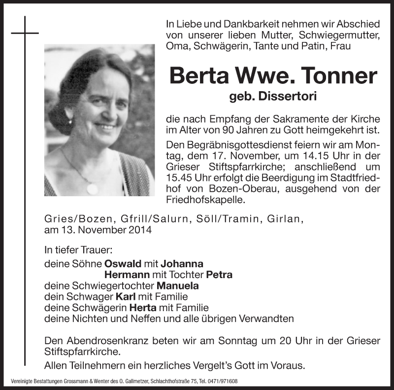  Traueranzeige für Berta Tonner vom 15.11.2014 aus Dolomiten