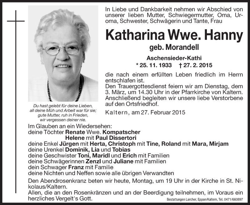  Traueranzeige für Katharina Hanny vom 02.03.2015 aus Dolomiten