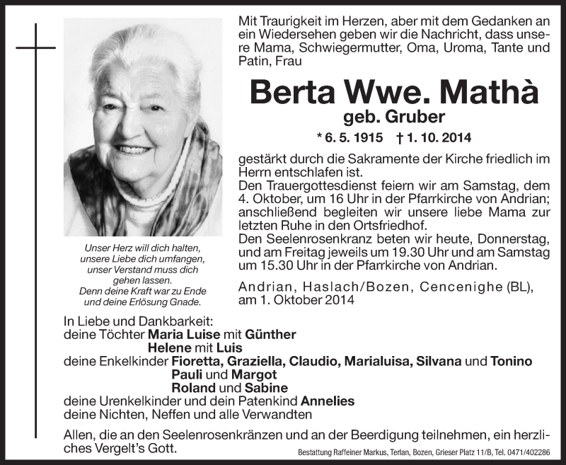  Traueranzeige für Berta Matha vom 02.10.2014 aus Dolomiten