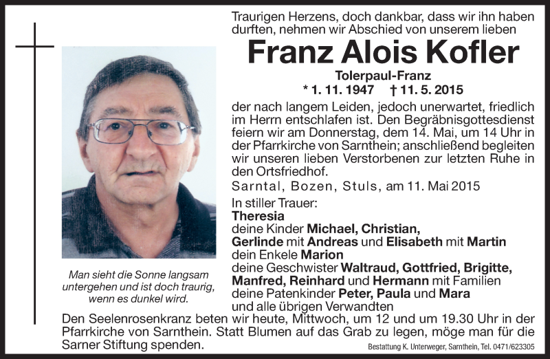  Traueranzeige für Franz Alois Kofler vom 13.05.2015 aus Dolomiten