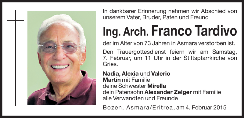  Traueranzeige für Franco Tardivo vom 04.02.2015 aus Dolomiten