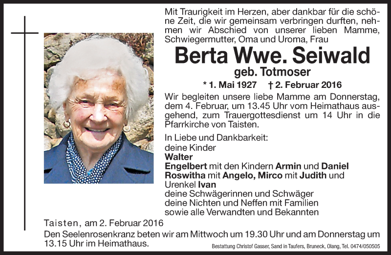  Traueranzeige für Berta Seiwald vom 03.02.2016 aus Dolomiten