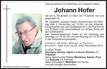 Traueranzeige von Johann Hofer von Dolomiten