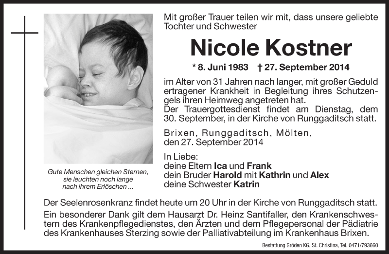  Traueranzeige für Nicole Kostner vom 29.09.2014 aus Dolomiten