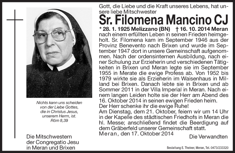  Traueranzeige für Filomena Mancino vom 20.10.2014 aus Dolomiten