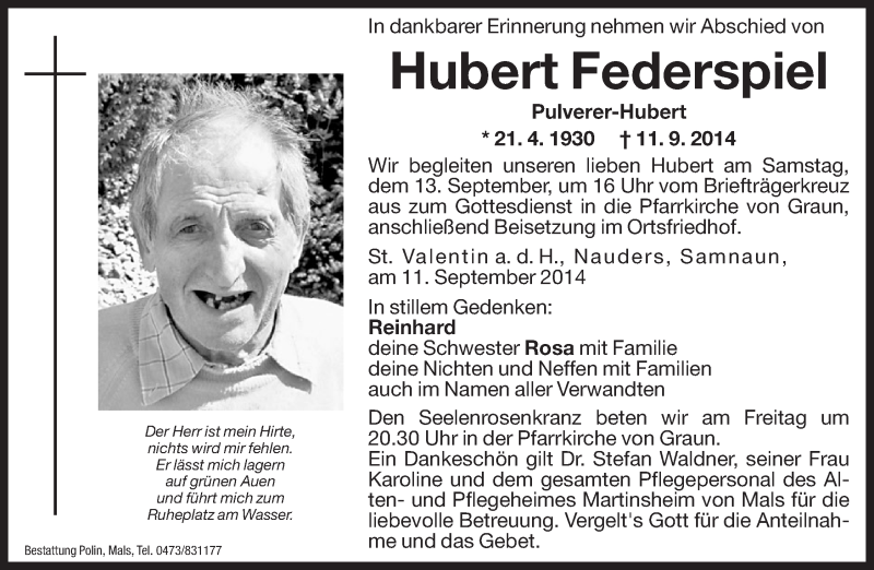  Traueranzeige für Hubert Federspiel vom 12.09.2014 aus Dolomiten