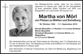 Traueranzeige von Martha von Mörl von Pfalzen zu Mühlen und Sichelburg von Dolomiten