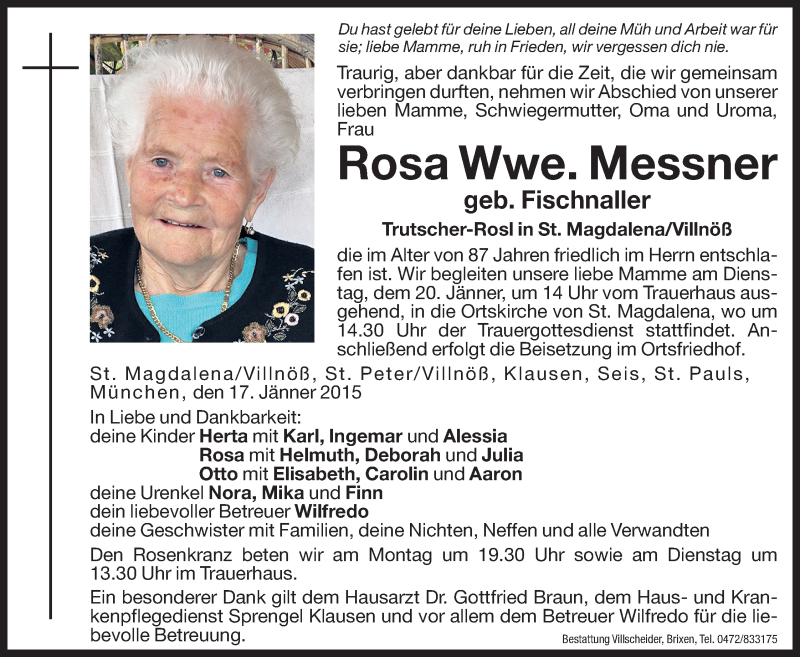  Traueranzeige für Rosa Messner vom 19.01.2015 aus Dolomiten