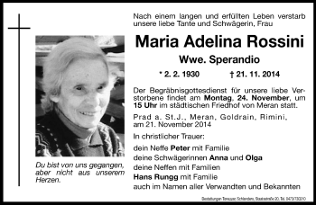 Traueranzeige von Maria Adelina Sperandio von Dolomiten