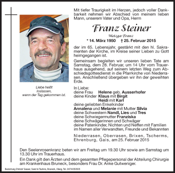 Traueranzeige von Franz Steiner von Dolomiten