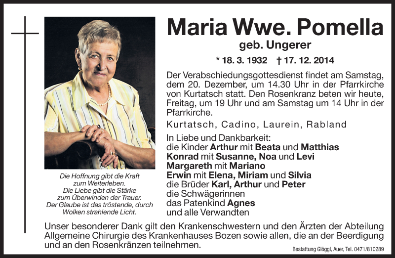  Traueranzeige für Maria Pomella vom 19.12.2014 aus Dolomiten