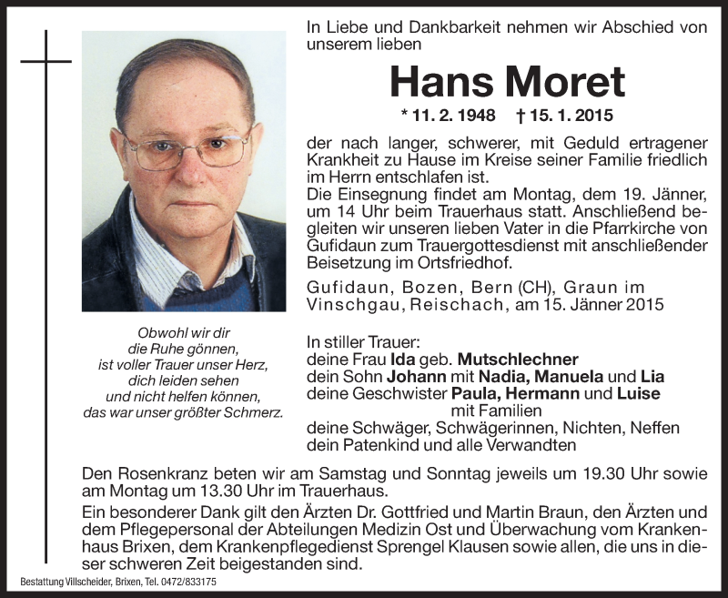  Traueranzeige für Hans Moret vom 17.01.2015 aus Dolomiten