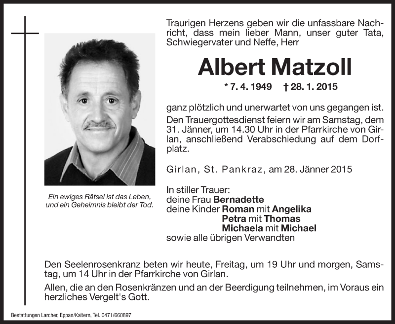  Traueranzeige für Albert Matzoll vom 30.01.2015 aus Dolomiten