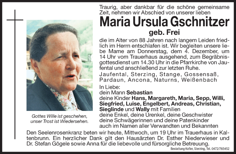  Traueranzeige für Maria Ursula Gschnitzer vom 03.12.2014 aus Dolomiten