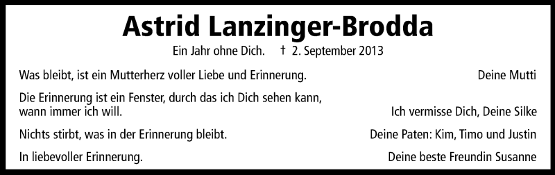  Traueranzeige für Astrid Lanzinger-Brodda vom 02.09.2014 aus Dolomiten