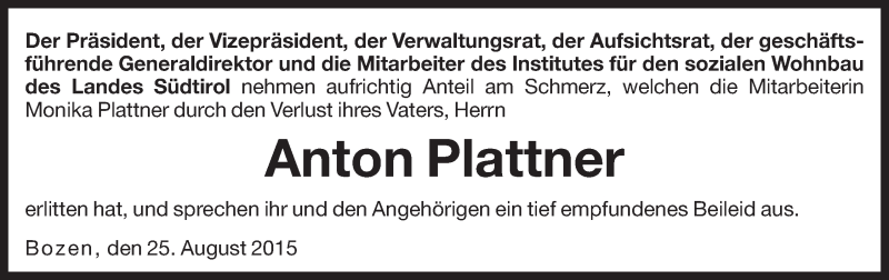  Traueranzeige für Anton Plattner vom 25.08.2015 aus Dolomiten