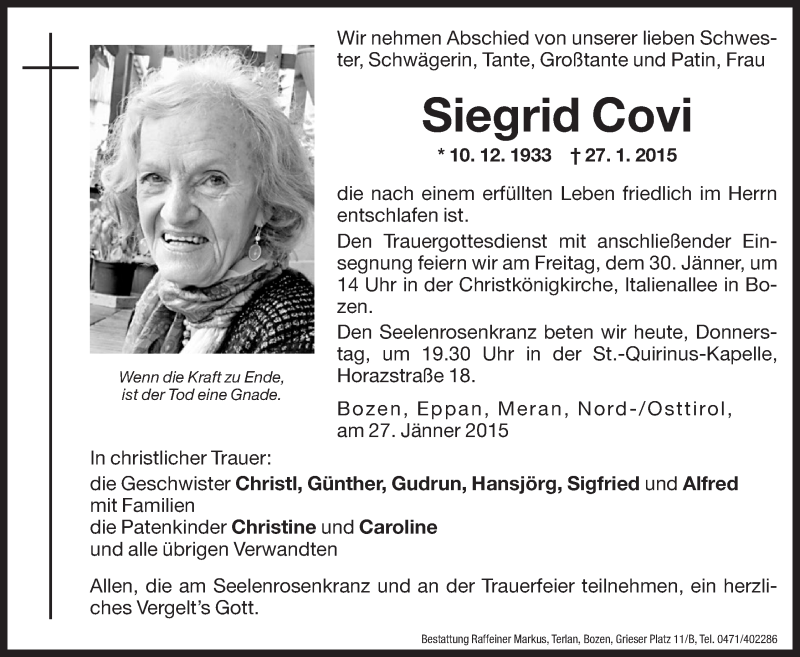  Traueranzeige für Siegrid Covi vom 29.01.2015 aus Dolomiten