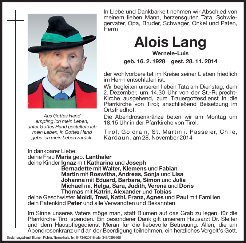  Traueranzeige für Alois Lang vom 01.12.2014 aus Dolomiten