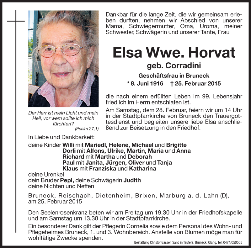  Traueranzeige für Elsa Horvat vom 27.02.2015 aus Dolomiten