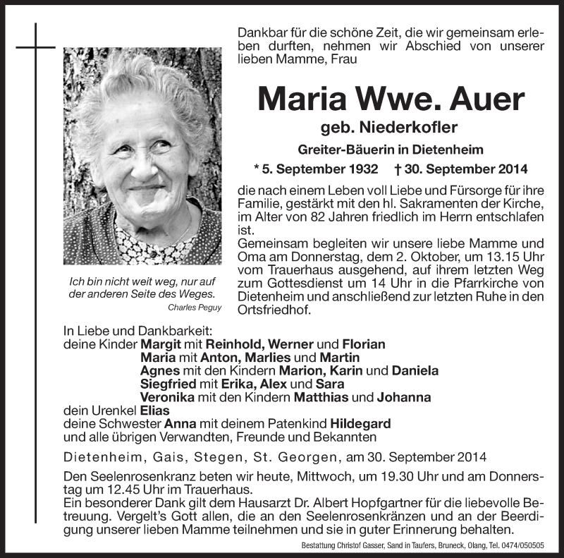  Traueranzeige für Maria Auer vom 01.10.2014 aus Dolomiten