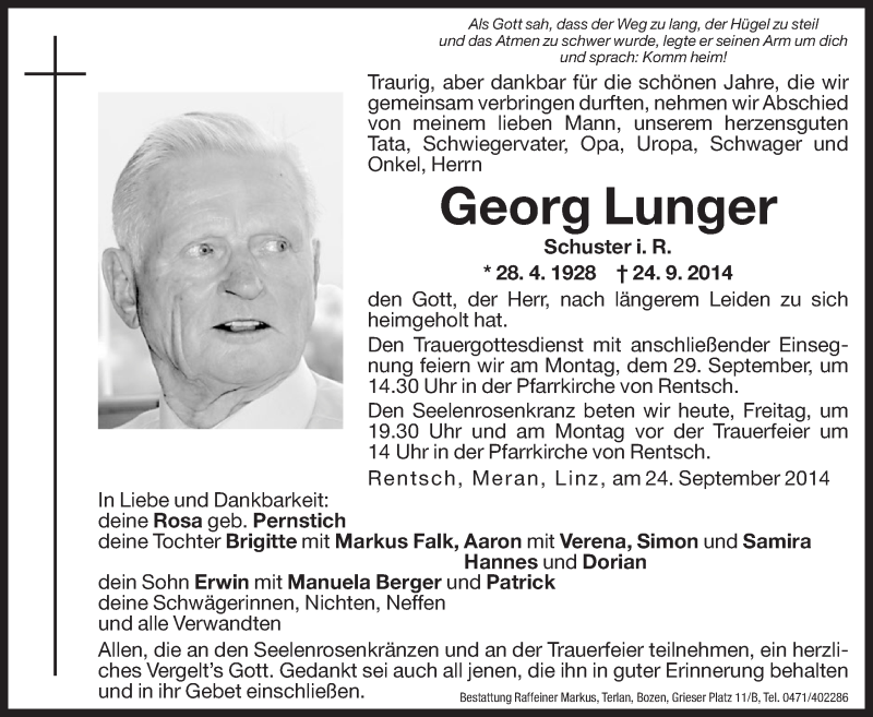  Traueranzeige für Georg Lunger vom 26.09.2014 aus Dolomiten