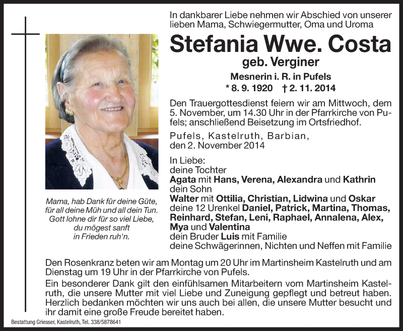  Traueranzeige für Stefania Costa vom 03.11.2014 aus Dolomiten