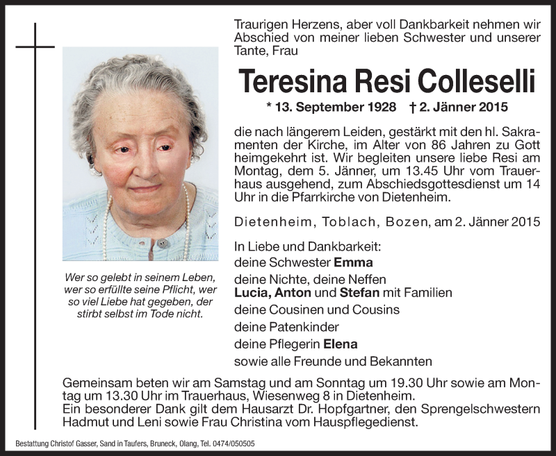  Traueranzeige für Teresina Resi Colleselli vom 03.01.2015 aus Dolomiten