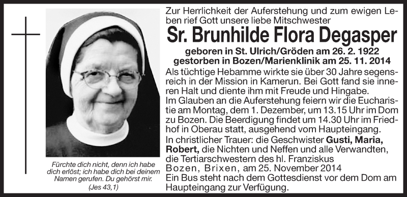  Traueranzeige für Brunhilde Flora Degasper vom 27.11.2014 aus Dolomiten