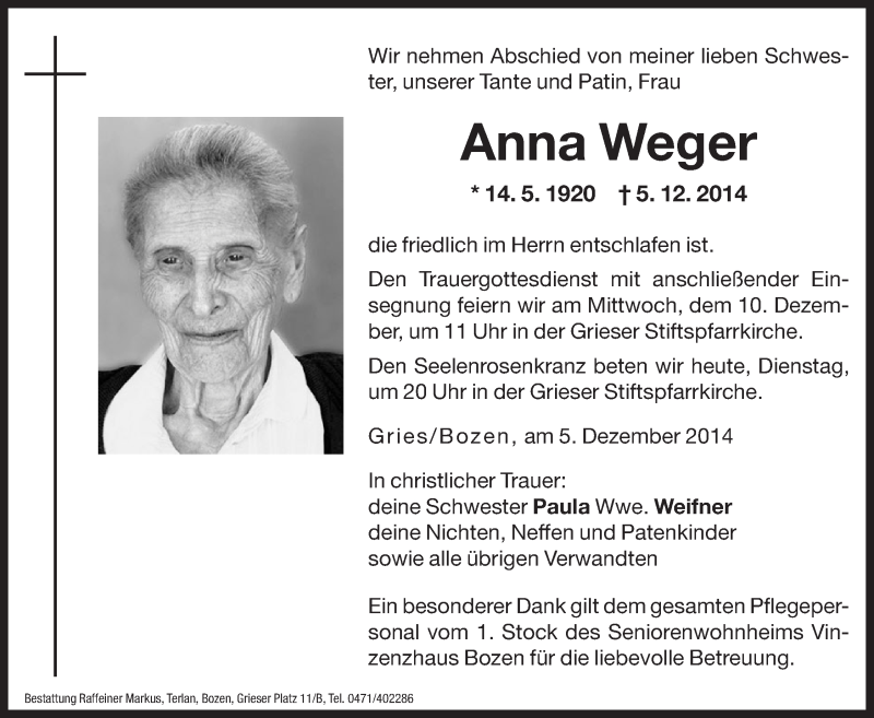  Traueranzeige für Anna Weger vom 09.12.2014 aus Dolomiten