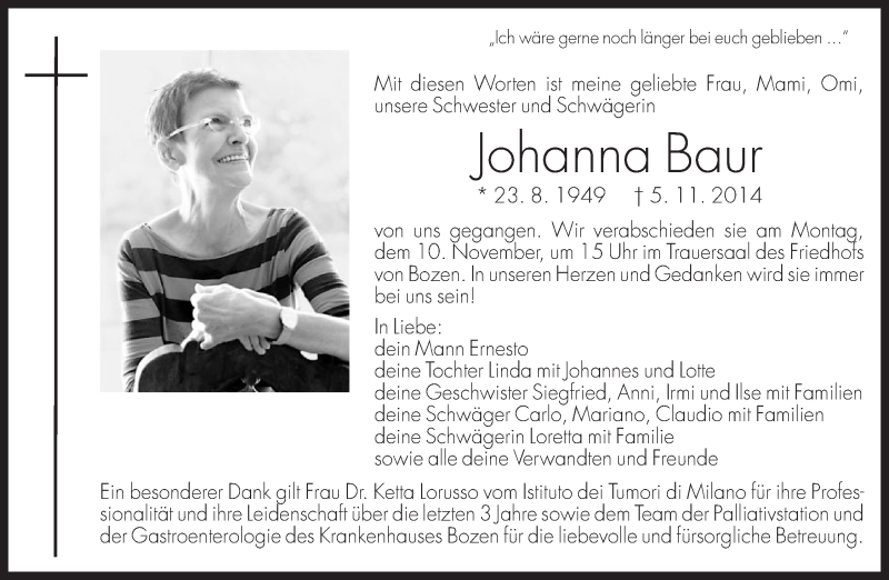  Traueranzeige für Johanna Baur vom 07.11.2014 aus Dolomiten