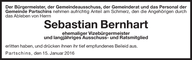  Traueranzeige für Sebastian Bernhart vom 18.01.2016 aus Dolomiten