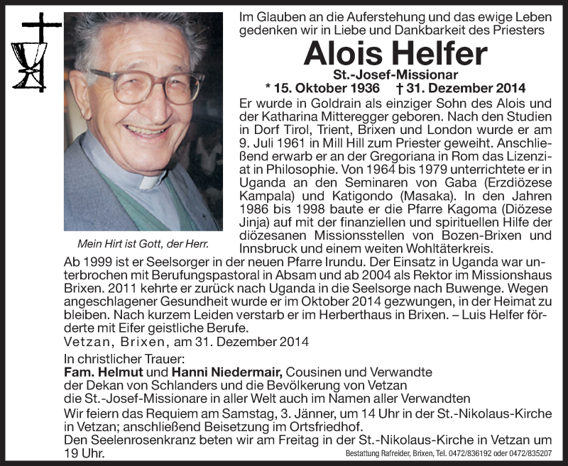  Traueranzeige für Alois Helfer vom 02.01.2015 aus Dolomiten