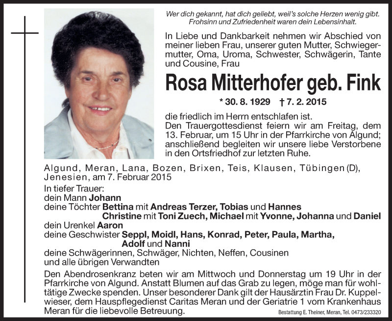  Traueranzeige für Rosa Mitterhofer vom 10.02.2015 aus Dolomiten