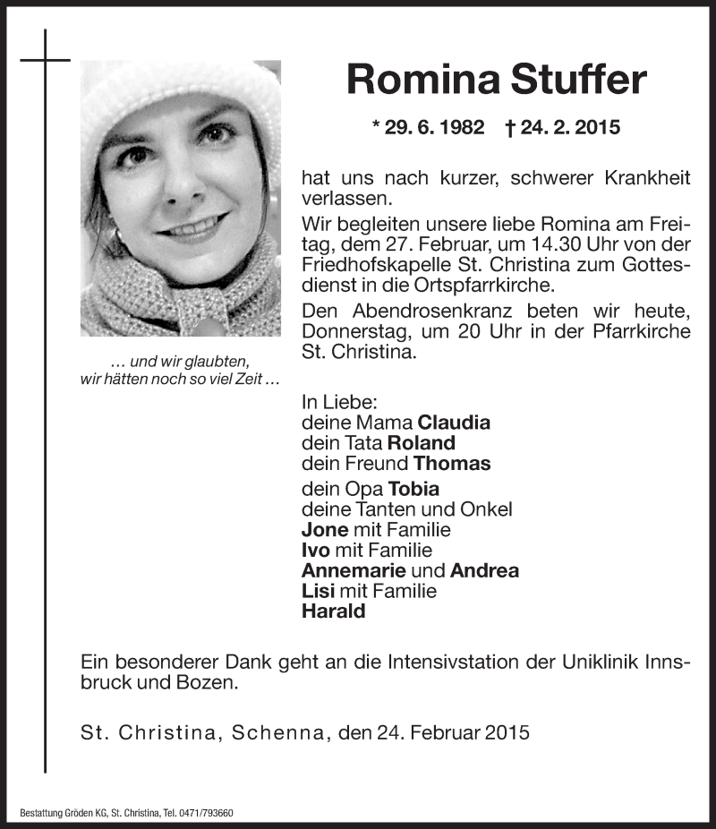  Traueranzeige für Romina Stuffer vom 26.02.2015 aus Dolomiten