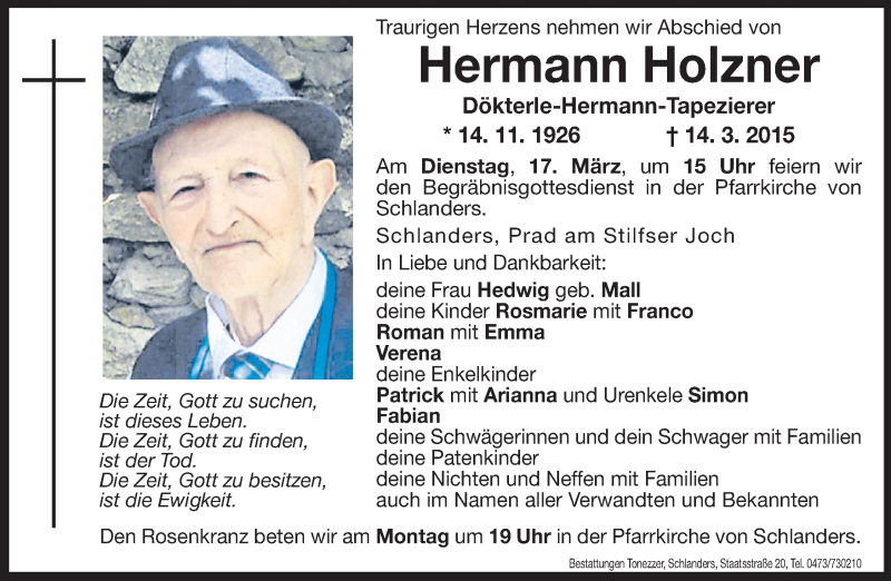  Traueranzeige für Hermann Holzner vom 16.03.2015 aus Dolomiten