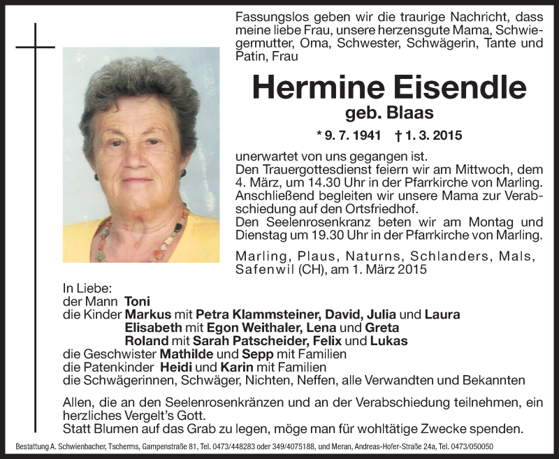  Traueranzeige für Hermine Eisendle vom 02.03.2015 aus Dolomiten