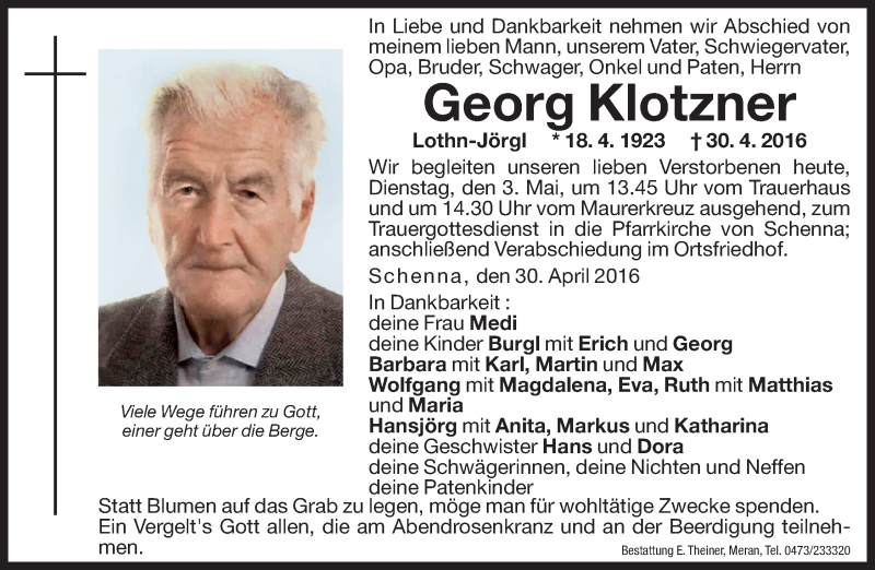  Traueranzeige für Georg Klotzner vom 03.05.2016 aus Dolomiten