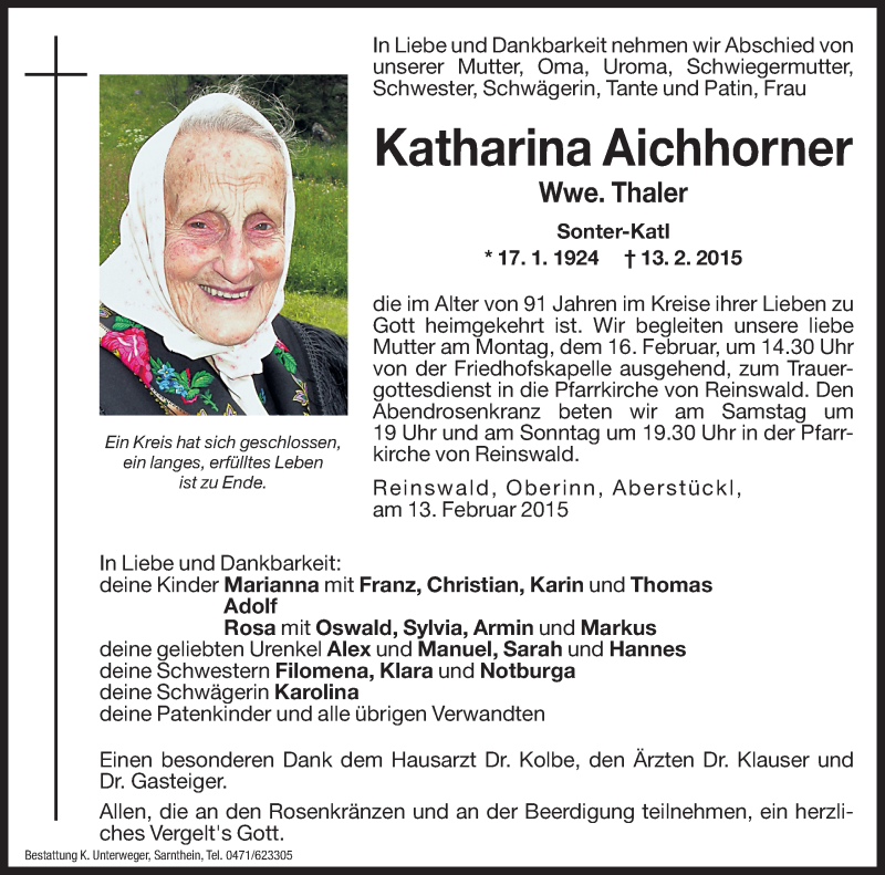  Traueranzeige für Katharina Thaler vom 14.02.2015 aus Dolomiten