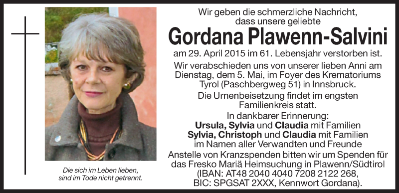  Traueranzeige für Gordana Plawenn-Salvini vom 04.05.2015 aus Dolomiten